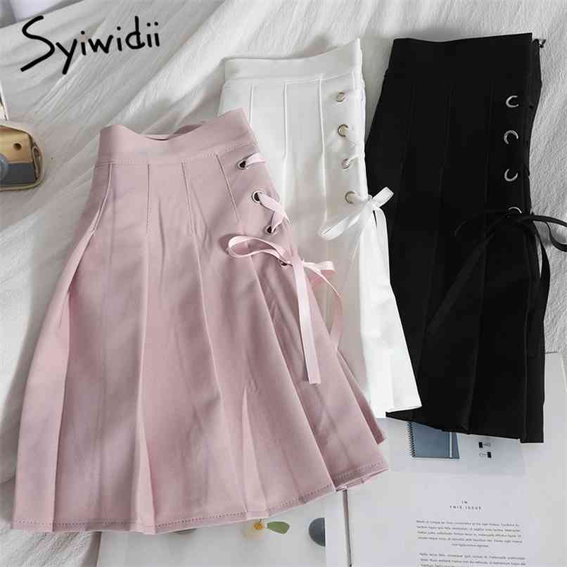 

Bow Lace Up High Waist Pink Pleated Mini Skirts Women Zipper A-Line Unicolor Summer Clothes Korean Fashion White 210607