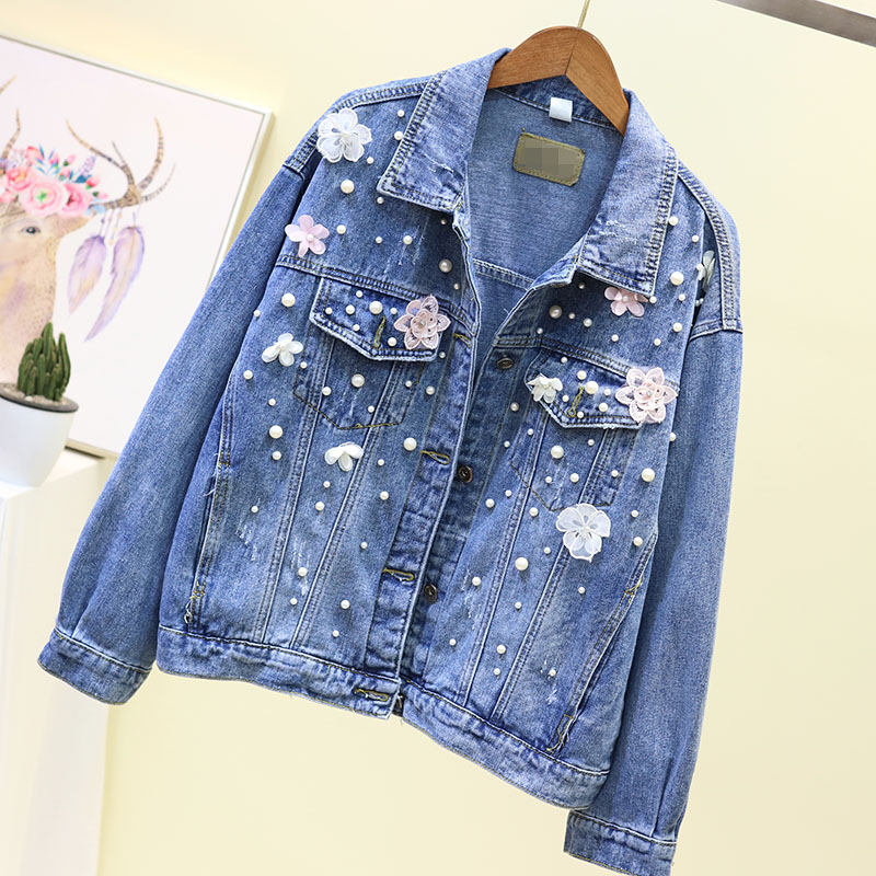

Autumn new style Korean loose heavy industry beaded flower denim short jacket female fashion long-sleeved jacket top, Black;brown