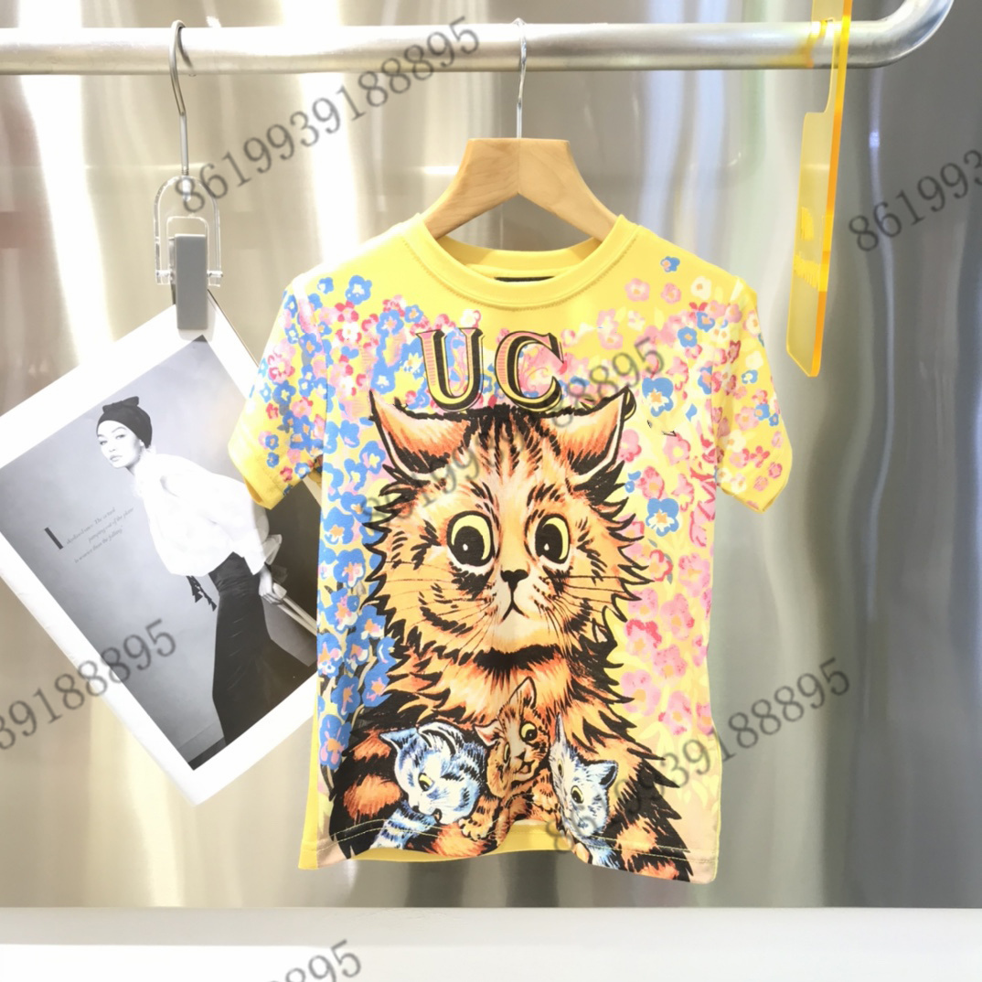 

2022ss kids yellow T-Shirt brand designer New Round Neck Short Sleeve T-Shirts summer boys tops and tees kids cotton clothing lovely cat printing