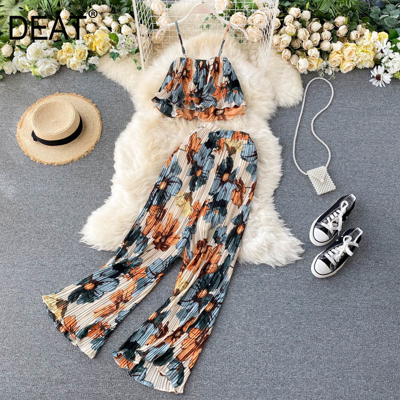 

Womenprinting Pleated Long Pants Arrivals Sling Two Piece Set Fashion Temperament Sexy Spring Summer 11D245 210525, Yellow