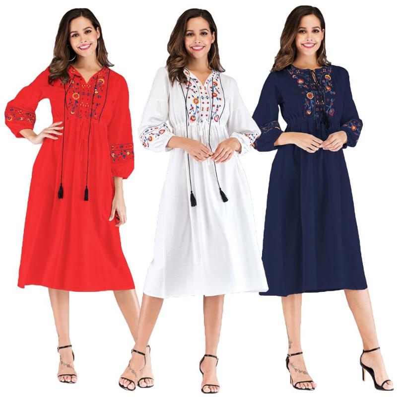 

Casual Dresses Ukrainian Embroidered Dress Vyshyvanka Lace UP Boho Ethnic Summer Ladies Women Hippie Hoilday Fashion, White