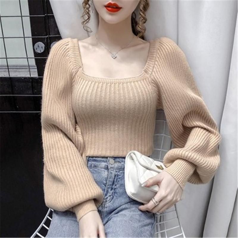 

Women's Sweaters 2021 Women Sweater Jumper Girls Soft Square Collar Full Puff Sleeve Pullovers Top Female Knitted Thick Tops ZY5197, Black
