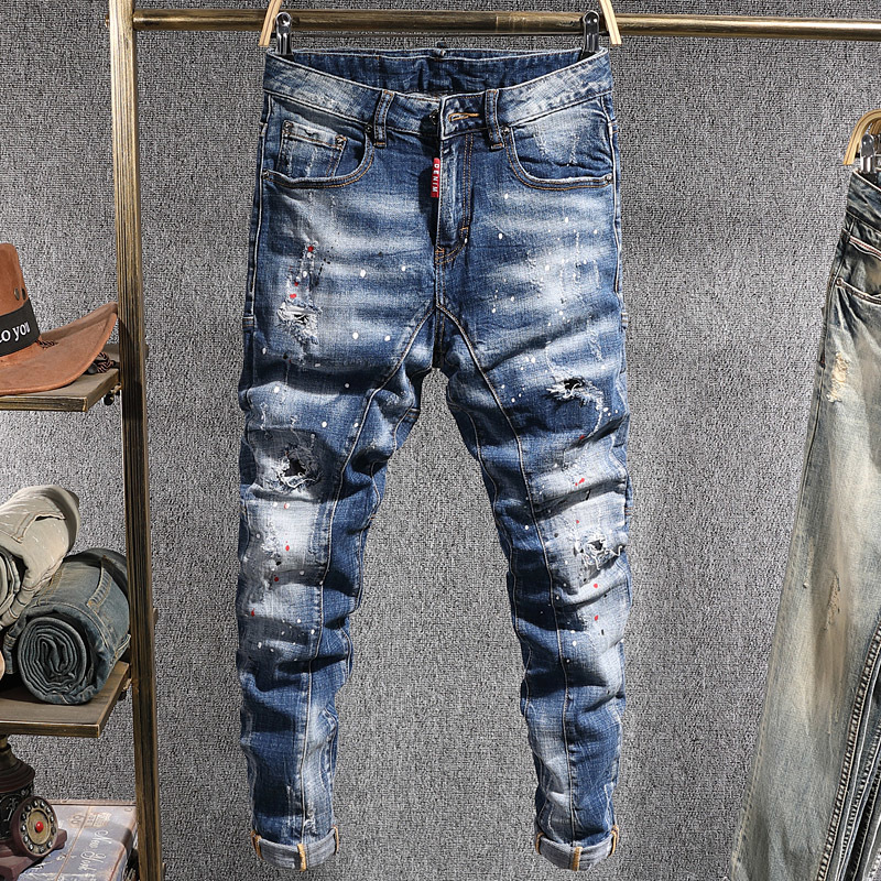 

2021 New Newly Fashion Streetwear Men Jeans Retro Blue Paint Elastic Slim Fit Ripped Denim Trousers Spliced Designer Hip Hop Biker Pants B8l