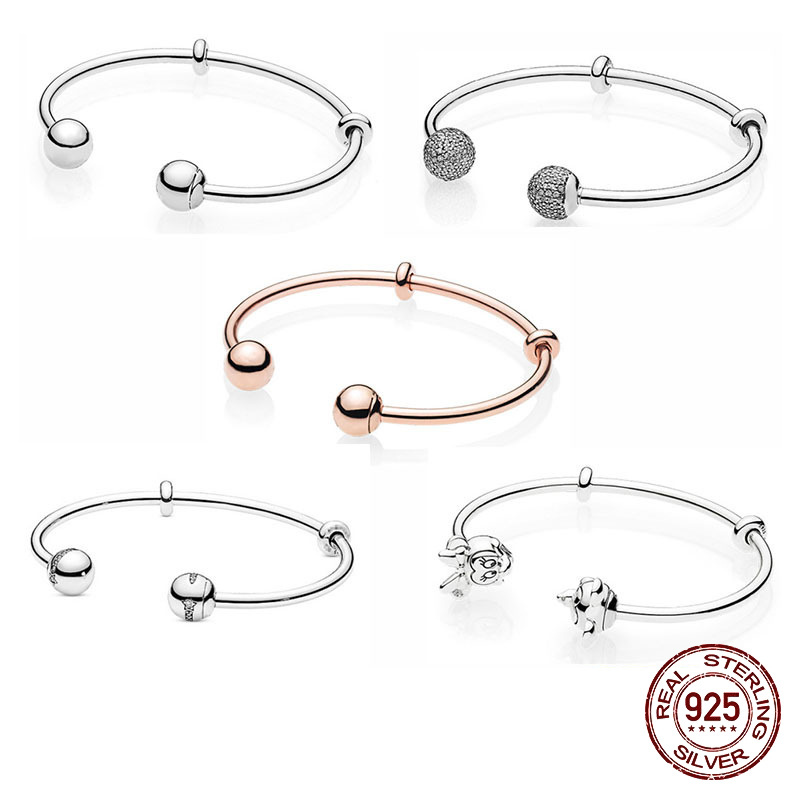 

925 Sterling Fit Original Pandora Charms Heart T-Bar Cuff Sparkling Disc Clasp Snake Chain Bracelet Women Jewelry