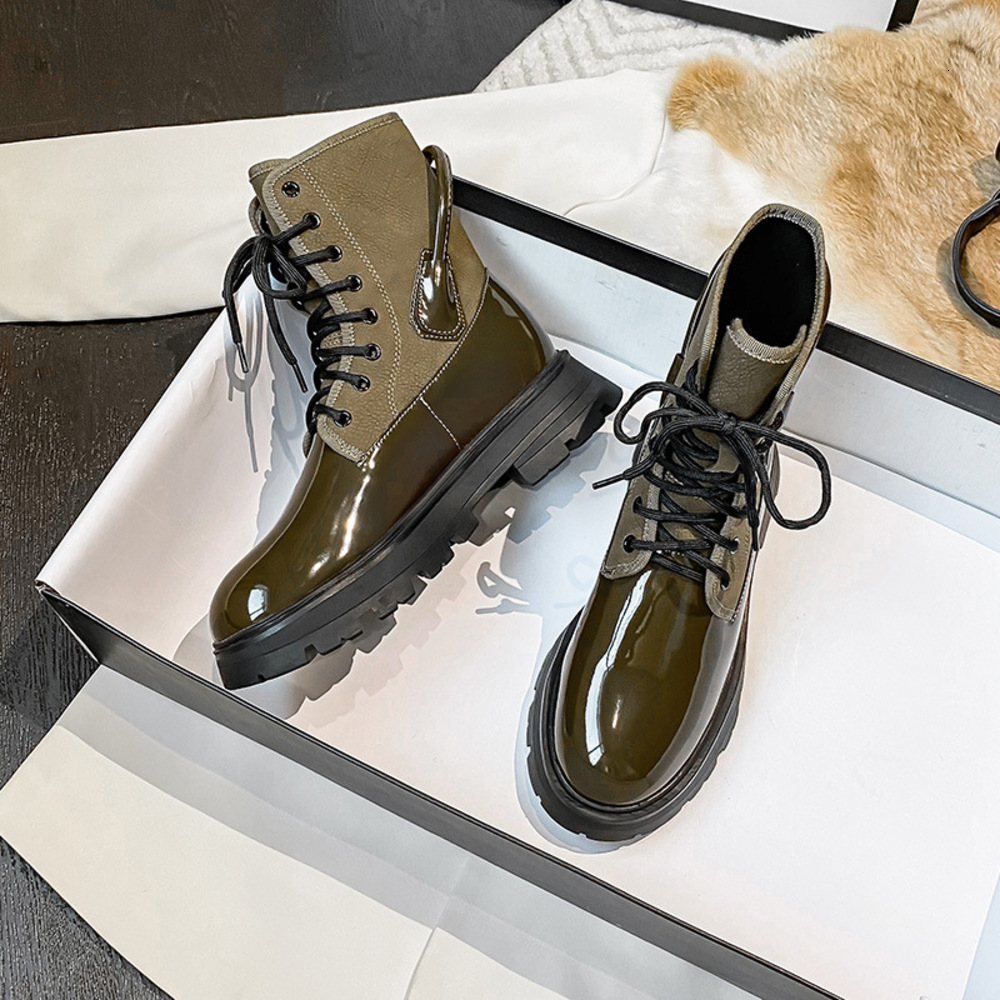 

Boots designer luxury women's thick-soled Martin shoes 2021 autumn and winter new lace-up ankle thick-heeled patent leather, Black