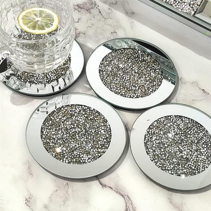 

Mats & Pads 4 Pcs Simple Pad Glass Mirrored 4x4inch Crushed Diamond Cup Mat Tabletop Decor For Restaurant Kitchen Bar Dining Table