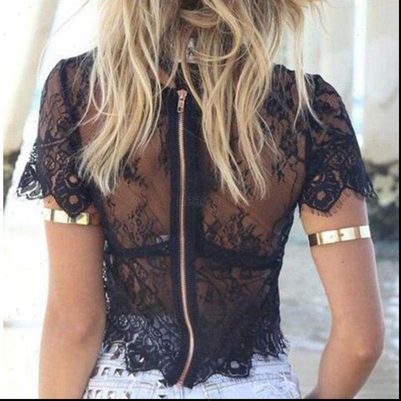 

Back Zipper Lace Hollow Summer Women Short Sleeve Elegant Crochet Crop Top Hollow Out Tank Tops New, White