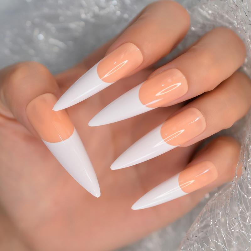 

False Nails 24pcs Extra Long Beige Pink Nude White French Press On Sharp Stiletto Full Cover Tips Fake Fingernail, L5615