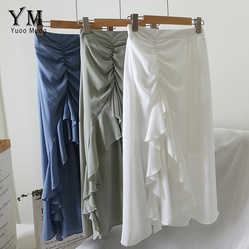 

Skirts YuooMuoo Elegant High Waist Ruffle Skirt 2021 Summer Women Irregular Office Solid Drawstring Long Faldas Mujer, White