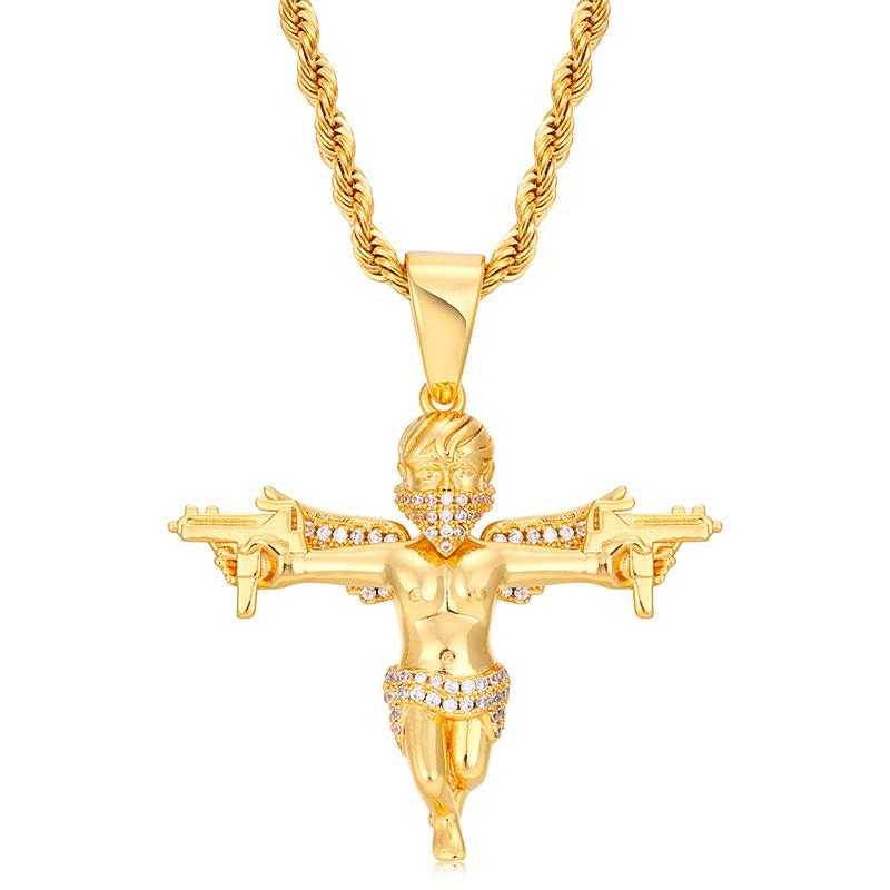 

Pendant Necklaces Iced Out Gold For Women Men Crystal Zircon Masked Angel Gun Necklace Hip Hop Peace Jewelry Rope Chain 24"