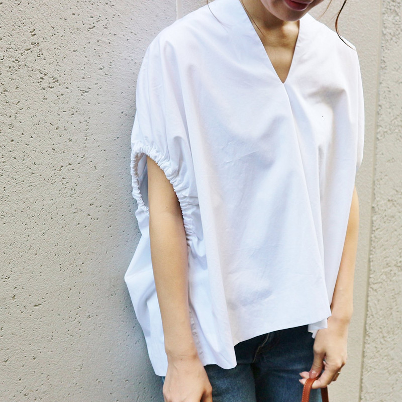

2021 New Two Colors Women Shirt Elastic Cuffs V-neck Short Sleeve Simple Office Lady Blouse Top 6bty, Black