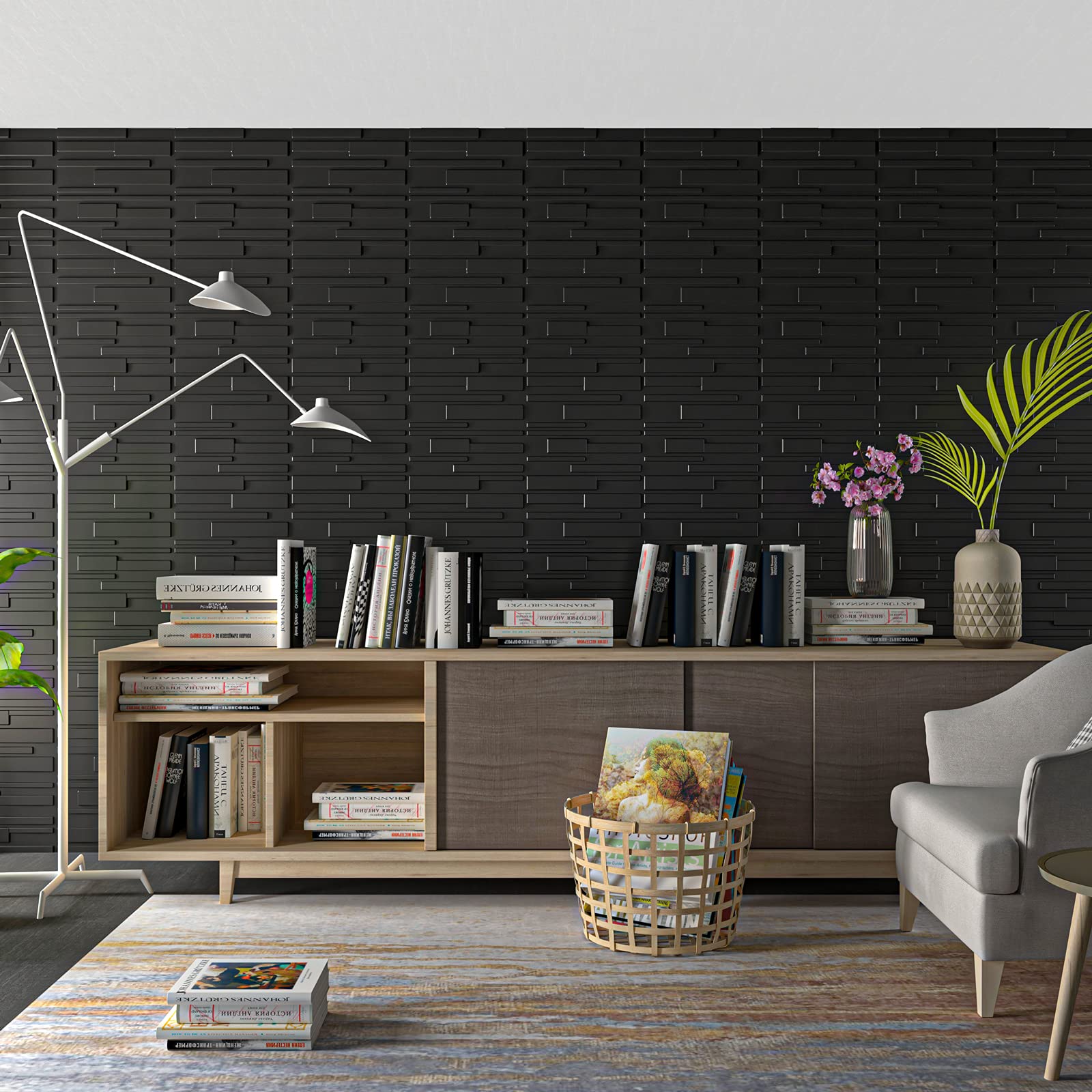 Art3d 50x50cm 3D Wall Panels Black Brick Design Soundproof for Living Room Bedroom (Pack of 12 Tiles)-image-727922093