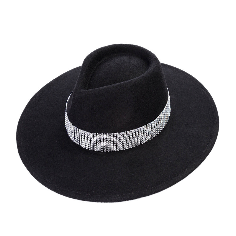 

2021 New Style Bright Diamond Band Wide Brim Fedora Black Wool Felt for Women Winter Panama Wedding Derby Church Jazz Hat Wctf