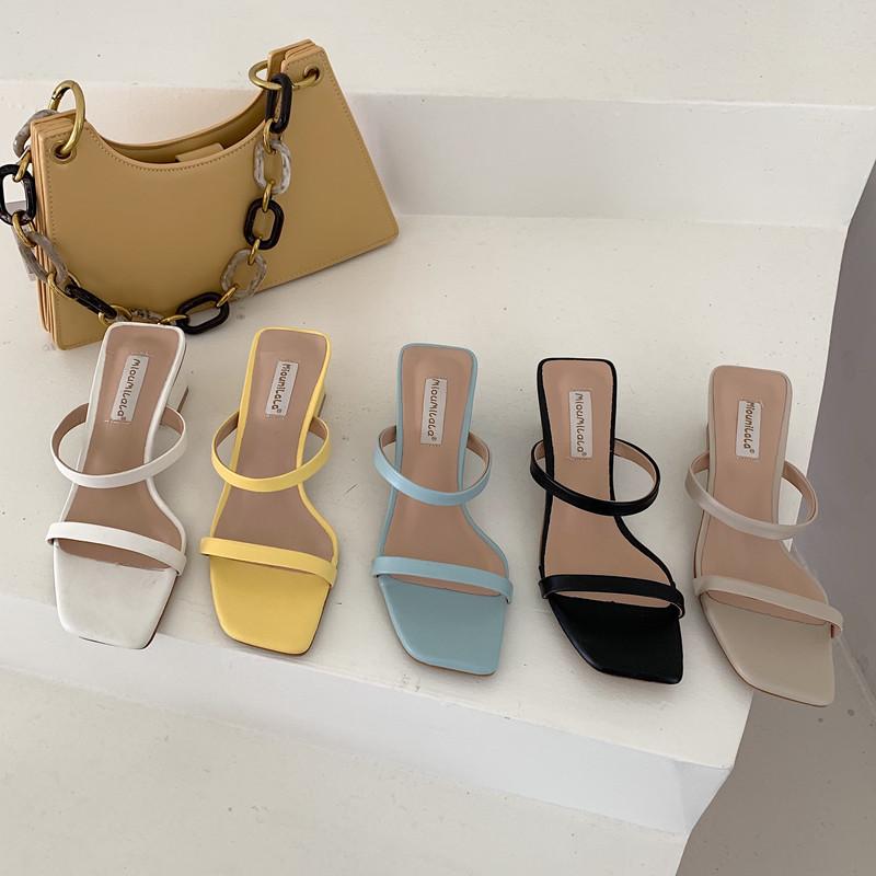 

Elegant Square Toe Women's Slippers Shoes Summer Mules Sandals Narrow Band High Heels Ladies Shoes Woman Roman Slippers Flip Flo, Yellow