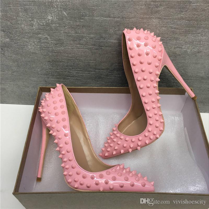 

LOUBOUTIN CHRISTIAN plus size 33 to 46 origin package shiny red bottom shoes gold rivets spikes desiger high heels genuine leather point RKS, Glod