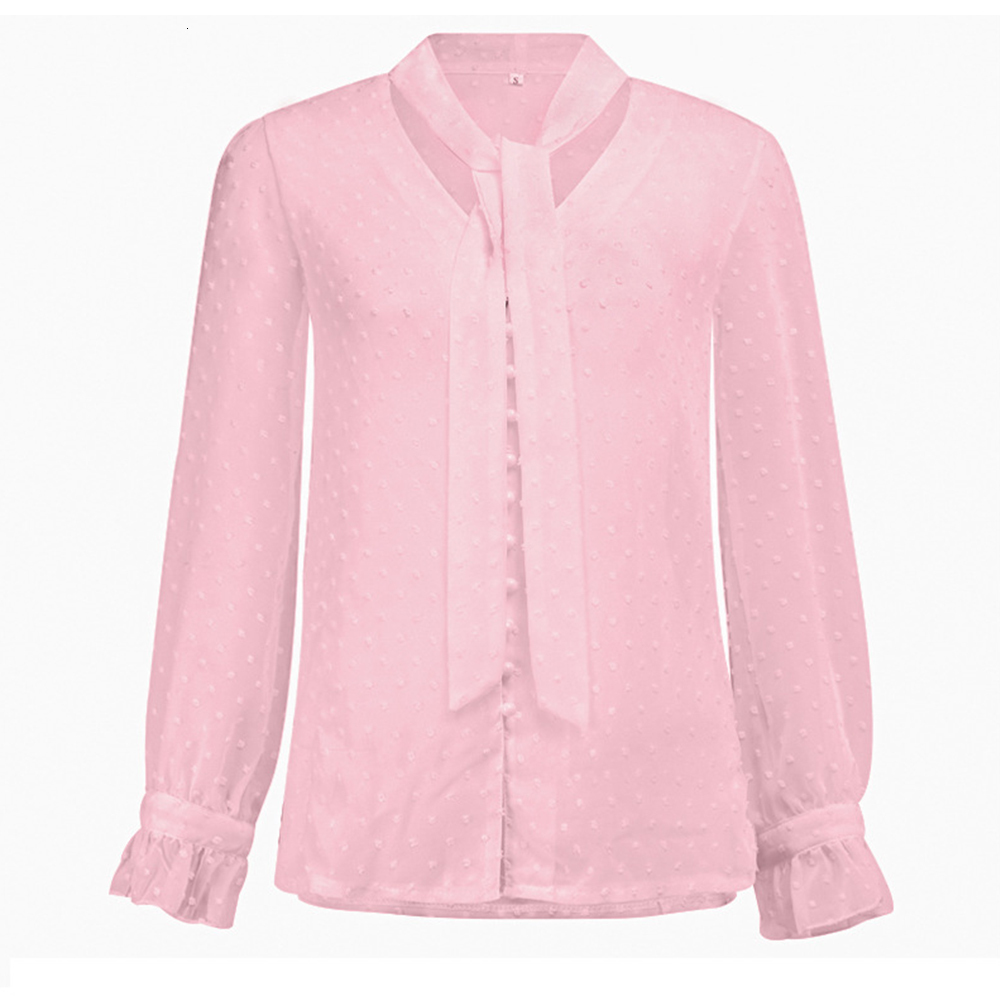 

2021 New Women Elegant Perspective Dot Print Chiffon Blouse Long Sleeve v Neck Tie Up Slim Shirt Sexy Tops Plus Size 5xl 30m3, White