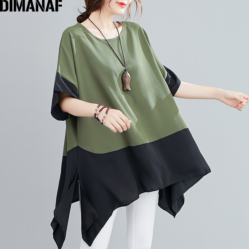 DIMANAF Summer Plus Size Blouse Shirts Women Clothing Chiffon Solid Spliced Casual Basic Lady Tops Tunic Loose Oversize 5XL 6XL 210225Z