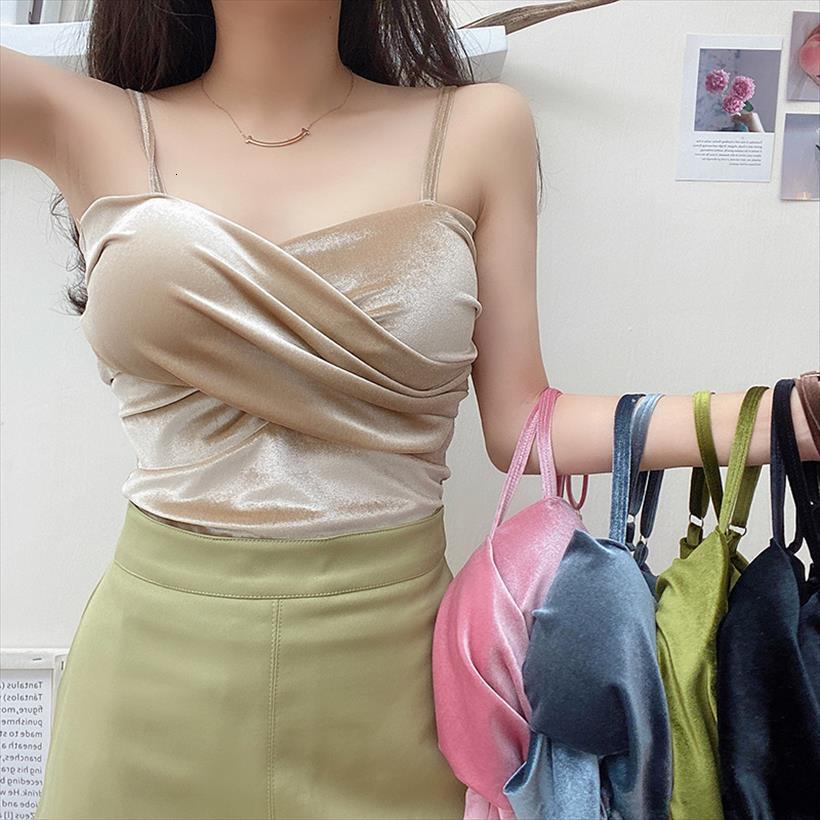 

autumn winter velvet wirepadded women cami sleeveless tees twisted elastic camisoles tanks crop, White