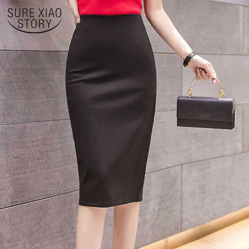 

Elegant Midi Pencil Skirt High Waist for Work Large Size Skirt 4XL 5XL Slit Black Red Elastic Chic OL Bandage Skirts 11023 210527