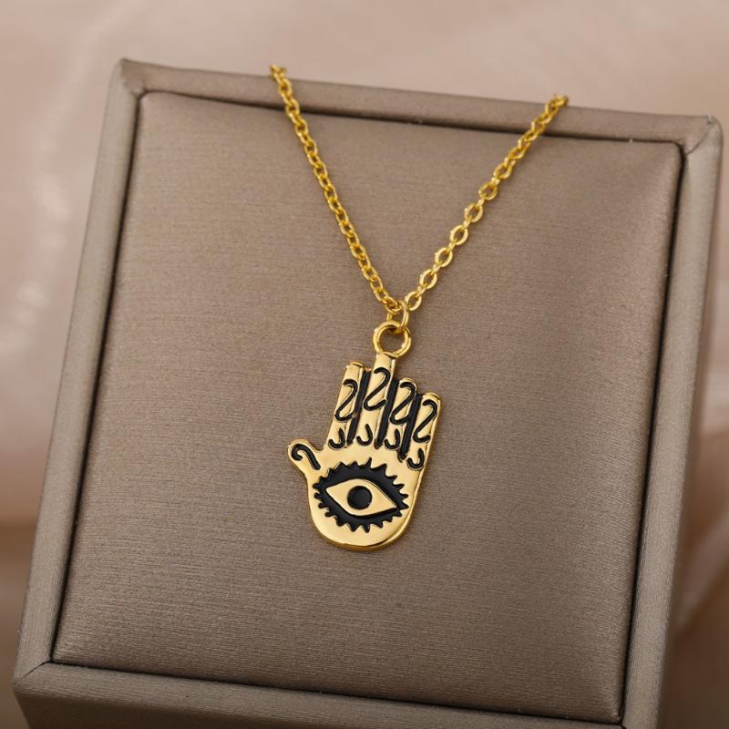 

Chains Gothic Fatima Hand Demon Eye Pendant Necklaces For Men Women Gold Stainless Steel Chain Moon Gesture Necklace Punk Jewelry 2021, Silver