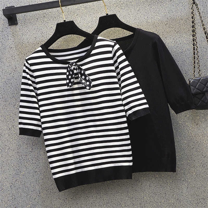 

L-4XL plus size women Summer thin kintted pullover short sleeve o neck bow Stripe Oversized sweater female t-shirt top 210604