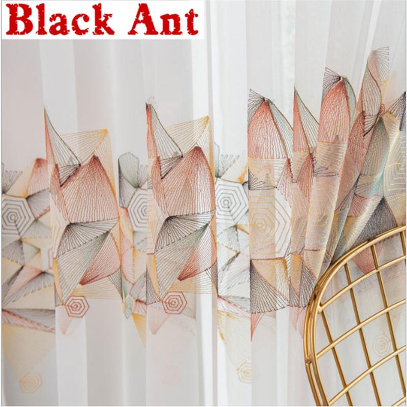 

Colorful Embroidered Geometric Tulle Curtain Transparent For Living Room Window Screen Nordic Style Balcony Fabric Sheer X-JD858