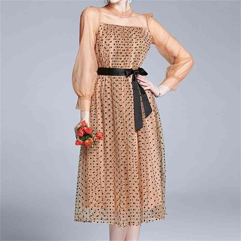 

Retro Mesh Gauze Dress Polka Dot Puff Sleeve High Waist Pleated es Sexy See Though Lace-up Women Party 210603, Picture color