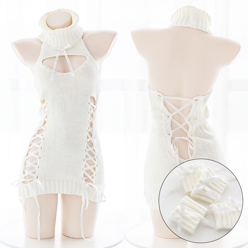 

2021 New Lingerie Women Slutty Clothes Hollowing Out Lace Sexy Erotic Sweater for Girl Cosplay Uniform Mini Skirt H232, White