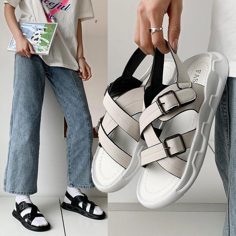 

Sandals Cross One Word Buckle Women 2021 Thick-soled Platform Women's Summer Style Korean Flat-soled, Black