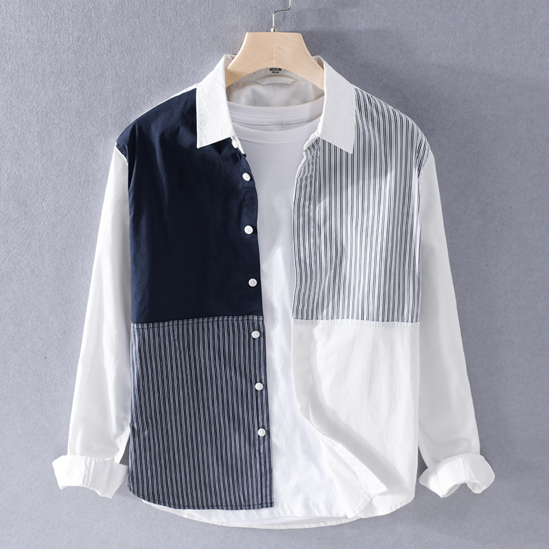

2021 Spring 100% Cotton Combining Casual Comfortable Shirt Fashion Man's Long-sleeve Men's Shirts Okar, White collar.