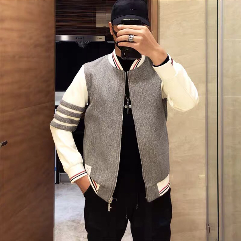 

2021 new style TB Thom limited college style casual stitching four-bar coat goat leather webbing woolen baseball jacket, Black;brown