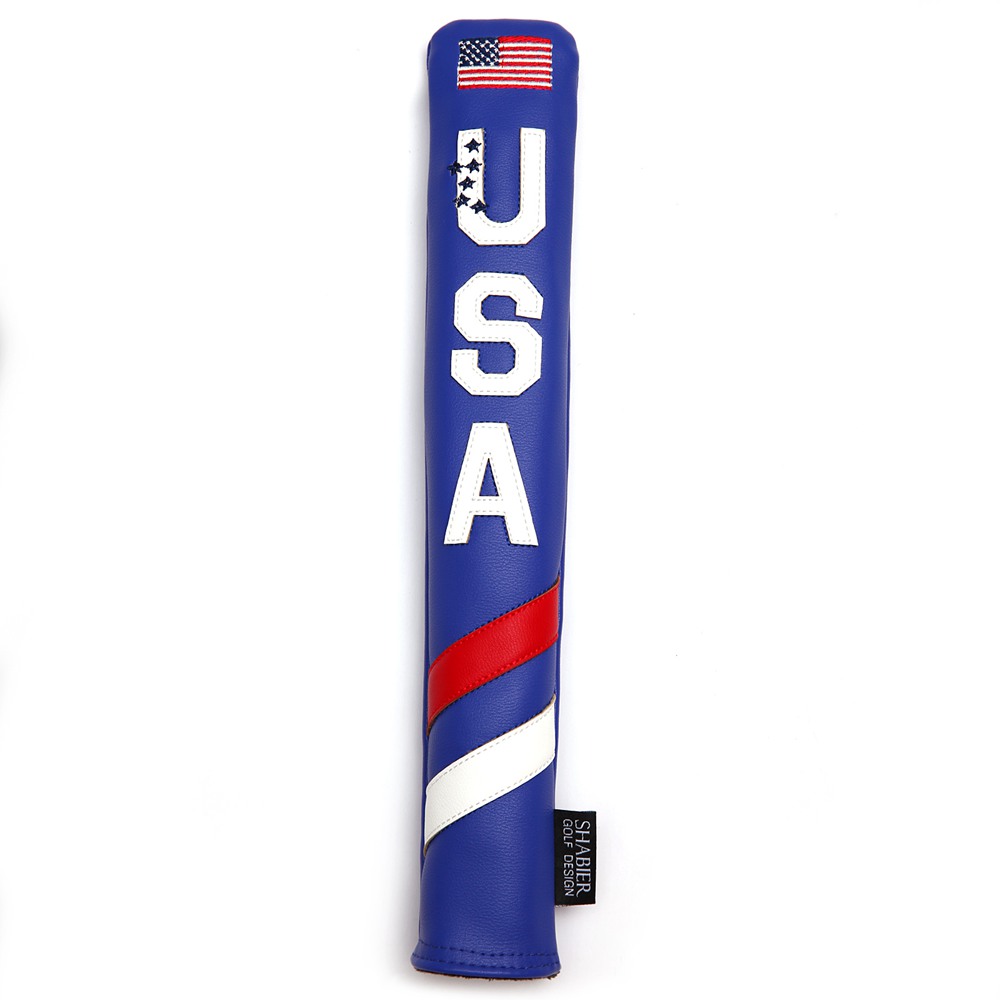 Blå PU Läder Broderi USA Flagga Golf Headcover Alignment Stick Cover Case Holder