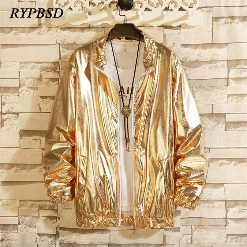 

Mens Windbreaker Jackets Nightclub Stage Singer Costume Streetwear Harajuku Hip Hop Jacket Gold Silver Fashion Autumn Men Solid 211110