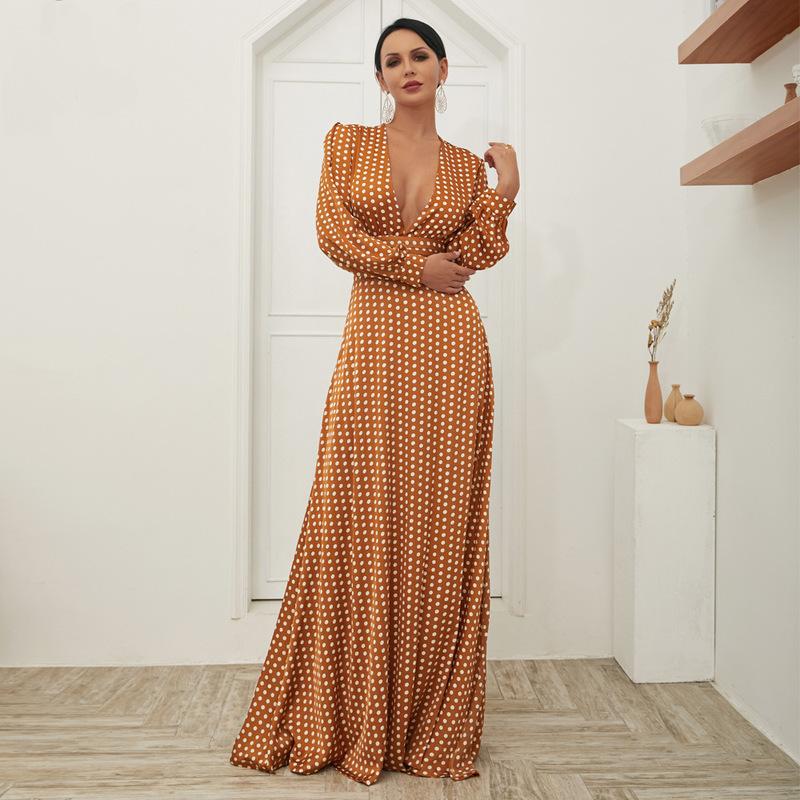 

Casual Dresses 2021 Spring Women Bohemian V-neck Printed Polka Dot Long Sleeve Waist Closing Dress Shein Sexy Elegant, Orange