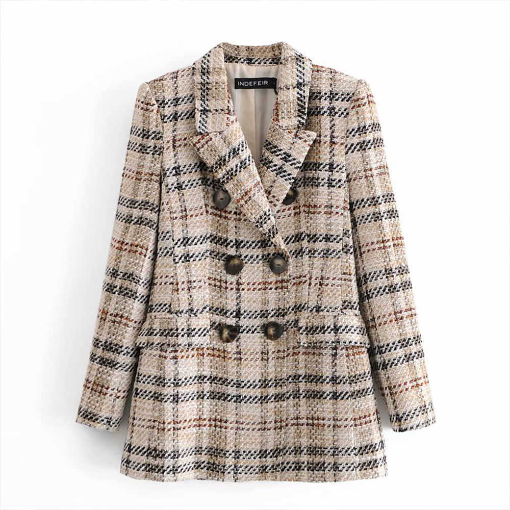 

vintage retro check pattern double breasted ladies women casual blazer and Plaid Skirt Two-piece 210708, Khaki skirt