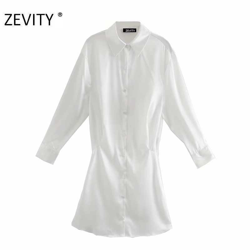 

ZEVITY Women elegant turn down collar long sleeve mini dress office lady back pleats vestido chic summer business Dresses DS4300 210603, As pic ds4300op