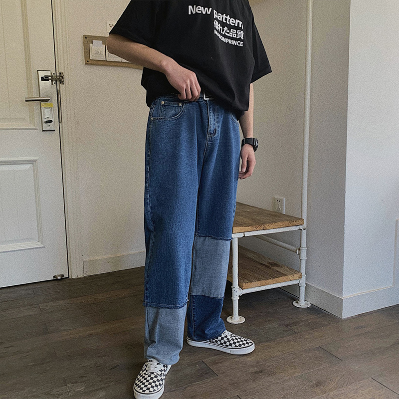 

2021 New Men's Fashion Street Spelling Color Baggy Homme Classic Cargo Pocket Wash Jeans Blue Casual Pants Biker Denim Trousers Cthb, Navy blue