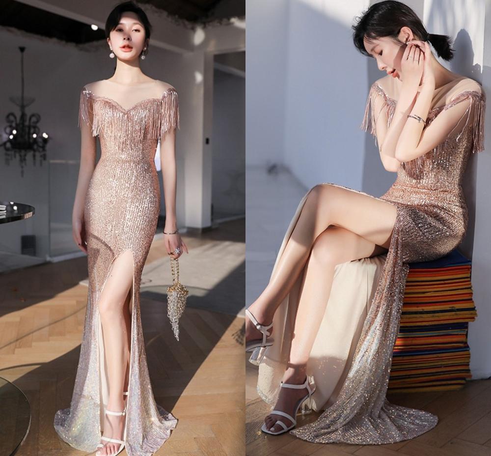 

2021 New Abendkleider Luxury Champagne Gold Illyusion Neck Sequined Slim Evening Tassel Split Prom Formal Gowns Robe De Soriee Owuh, Picture color