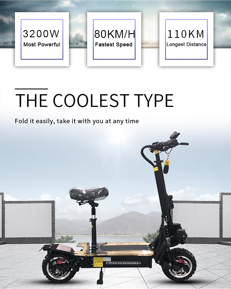 

60V3200W 30AH Electric Scooter 11 inch Off Road 80KM/H Battery Electric Motor Adult kick e scooter folding patinete electrico adulto
