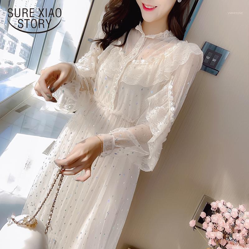 

Casual Dresses Vintage Puff Sleeve Gentle Dress Elegant Button Party Hook Flower Hollow Fashion Lace Mesh Two Piece Vestido 13385, Pink