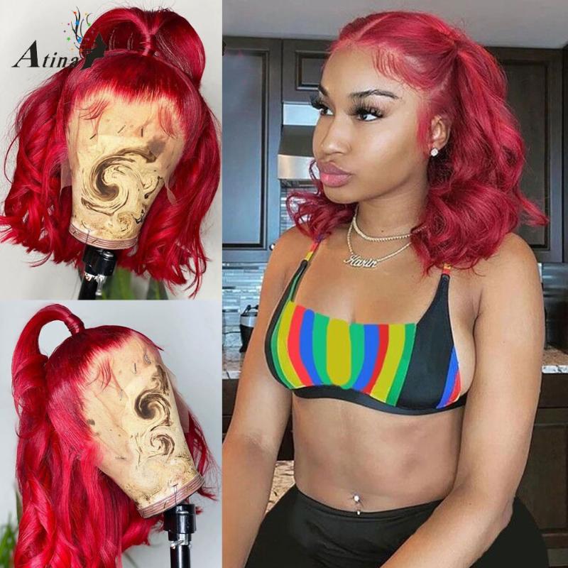 

Lace Wigs Atina Short Blunt Cut Bob Front Human Hair Wig Full Straight 99J Burgundy Red Colored Bleach Knots Remy HD Transparent, Straight bob wig