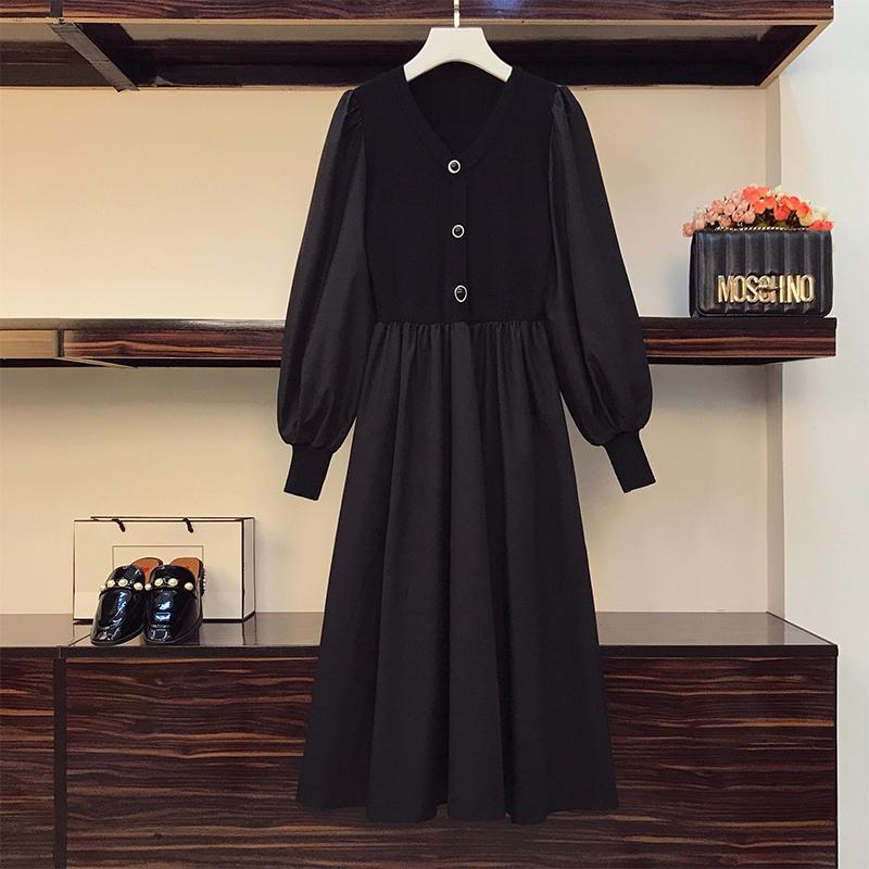 

Casual Dresses Dress Fat Younger Sister Fall 2021 Design Feeling French V-neck Knitting Splicing Hepburn Wind, Black;gray