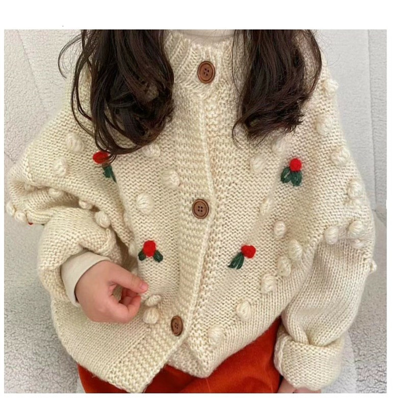 

2021 New Autumn Winter Children Clothes Baby Girls Sweater Handmade Cherry Kids Knit Outerwear Princess Girl Cardigan 08rx, Beige