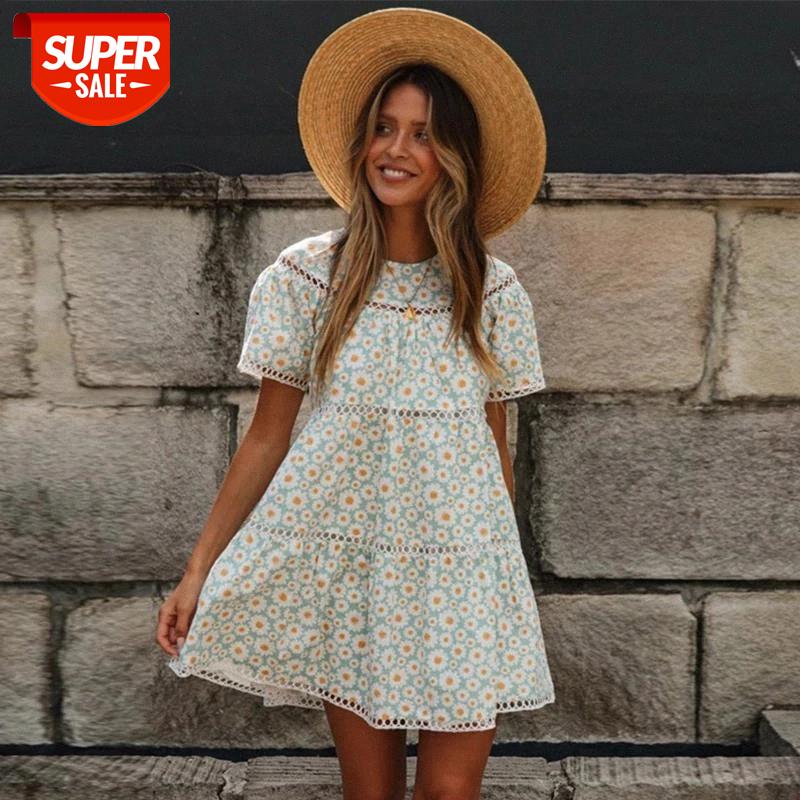 

Daisy Printed Lace Hollow Out Women's Mini Dress O-neck Short Sleeve Female A-line Dresses 2021 Summer Sweet Lady Beach Vestidos #NL6K, Black;gray