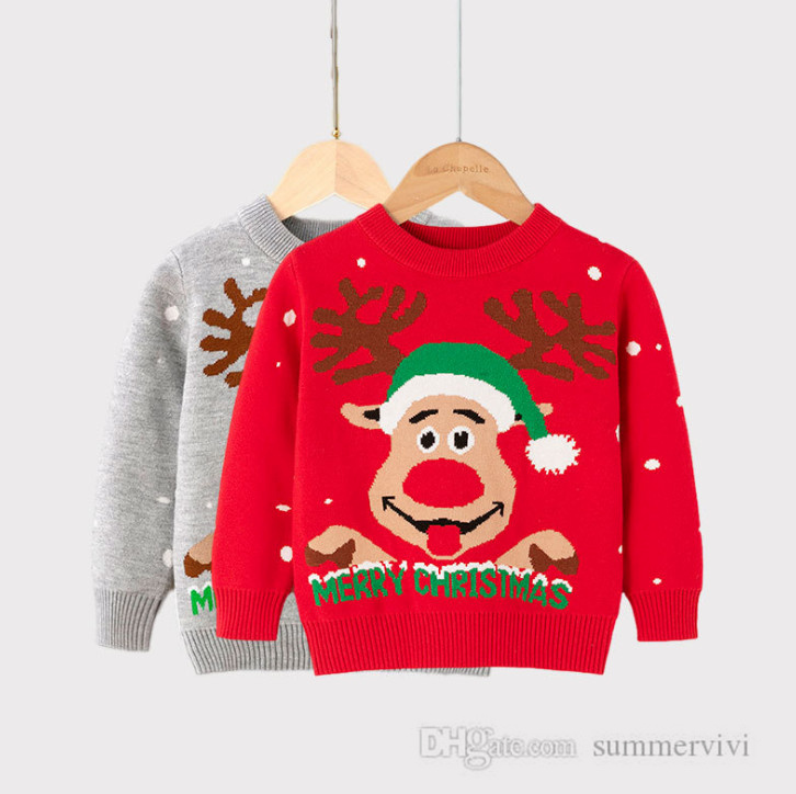 

Girls Xmas reindeer snow knitted pullover kids snowman treen printed long sleeve sweater tops christmas children clothing Q2286, Red reindeer