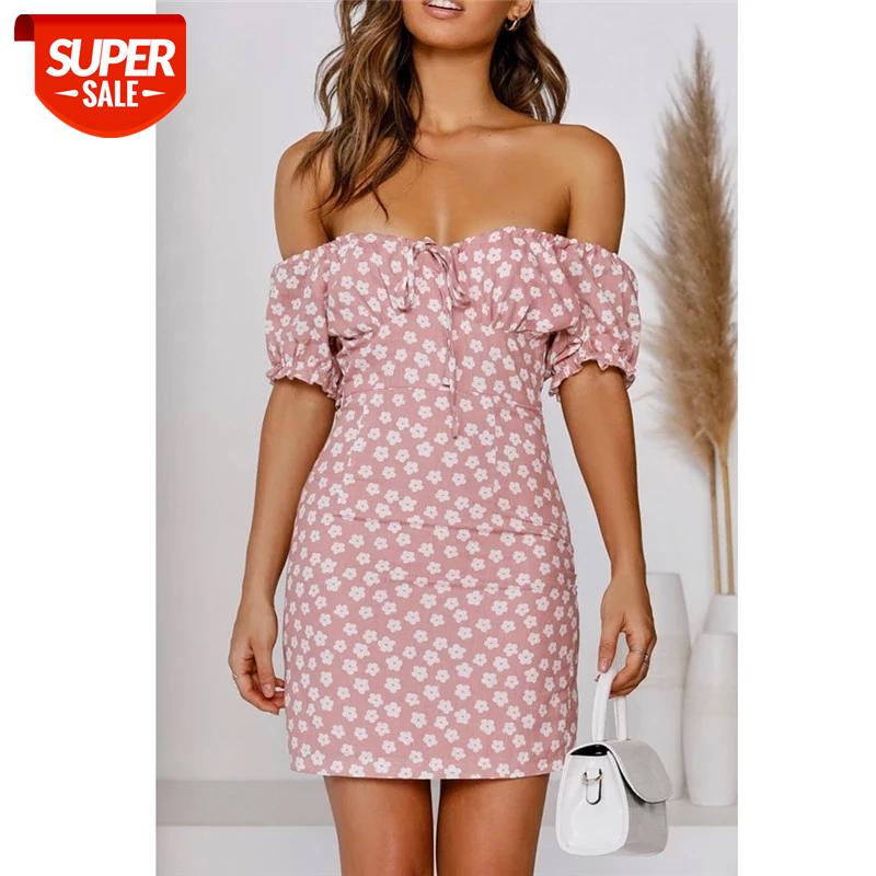 

hirigin Fashion Women Off Shoulder Slash Neck Wrap Dress 2020 Floral Print Ruffle Summer Dress Beach Short Sleeve Lace-up #KI1F, Black;gray