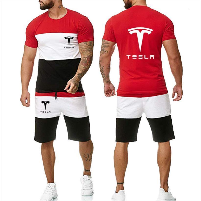 

sports suit tesla car mens tracksuit print stitching color t shirt casual cotton short sleeve shorts 2 piece, Gray
