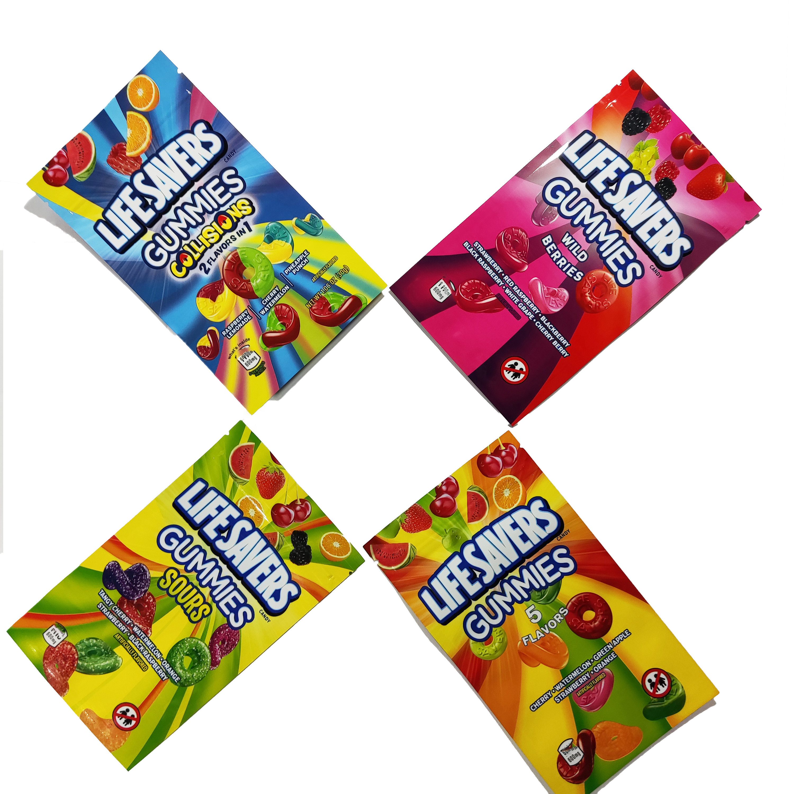 

2021 In stock Empty 4 designs sours mylar edibles packaging bag lifesavers gummies zipper package candy gummy smell proof bags