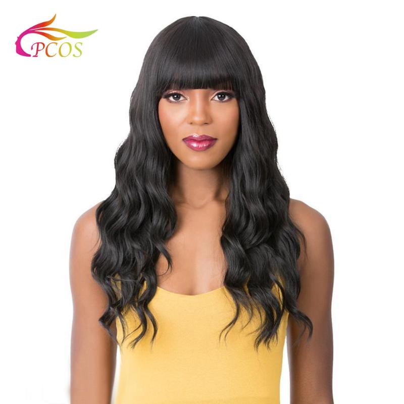 

Synthetic Wigs 24 Inch Long Curly Black Womens For Sexy African American Water Wave Heat Resistant With Bangs