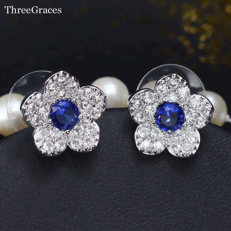 

Stud ThreeGraces Jewelry Trendy White Gold Color Dark Blue Cubic Zirconia Stone Korean Women Earrings For Ladies ER036, Golden;silver